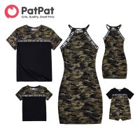 【YF】 PatPat Family Matching Outfits Letter Design Halter Neck Sleeveless Bodycon Dresses and Cotton Short-sleeve Spliced T-shirts Set