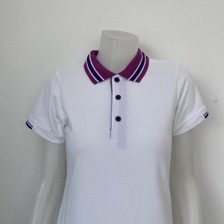 เสื้อโปโลสีขาว-polo-shirt-แบบชาย-สีขาว-ปกคอสีม่วง-เนื้อผ้า-ทีซีนุ่ม-สวมใส่สบาย-มีบริการส่งเก็บเงินปลายทาง