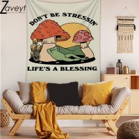 【CW】❧  Goblincore Cartoon Frog Tapestry  Dont be stressinLife is a blessing  maxim letter Wall Hanging Hippie