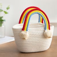 2023 New Rainbow Portable Straw Woven Bag Cotton Rope Handmade Basket Seaside Vacation Beach Hand Bag Bolsos Para Mujer