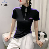 YIMEI เสื้อยืดคอวีซิปผู้หญิงดีไซน์สวยๆสำหรับฤดูใบไม้ผลิ/ฤดูร้อน2023แฟชั่นเสื้อยืดผ้าฝ้ายบริสุทธิ์ของผู้หญิงแขนสั้นใหม่เสื้อยืดผู้หญิงสีตัดกันเข้ารูปพอดี