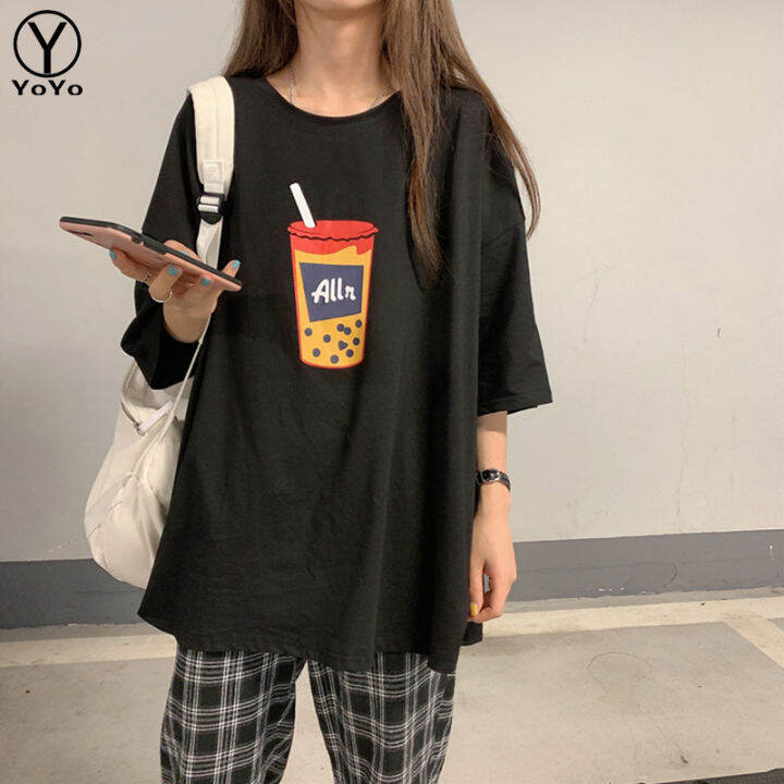 yoyo-เสื้อยืดแฟชั่นผู้หญิงins-คอกลมแขนสั้น-ทรงหลวมสายเก๋-สไตล์เกาหลี-รุ่นd067