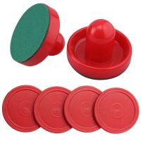 Set of Two Blue Air Hockey Pushers and Four Red Air Hockey Pucks For Free Shipping