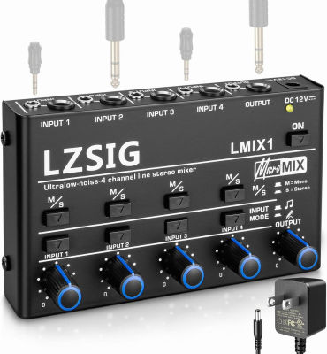 LZSIG Mini Audio Mixer,Stereo Line Mixer for Sub-Mixing,Ultra Low-Noise,4-Channel,Microphone Independent Control, 1/4" &amp; 1/8" TRS Output and Input, for Guitars,Bass,Keyboards or Stage Mixer Extension