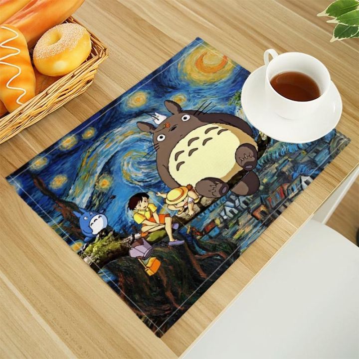 totoro-เสื่อโต๊ะทานอาหารผ้าลินินพิมพ์ลายแผ่นรองในครัวตัวอักษร30x40cm-จานรองแก้วแผ่นรองแก้วชาม