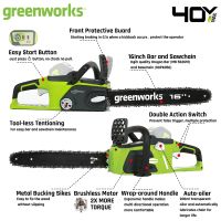 Greenworks เลื่อยยนต์แบบไร้แปรงถ่าน,มอเตอร์40V 12เมตร/วินาทีพร้อมโซ่เลื่อยยนต์ขนาด16นิ้ว40ซม. ดั้งเดิมและ Oregon Sawchain เลื่อยไฟฟ้าในสวน20312