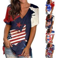 เสื้อธงชาติอเมริกาแขนสั้นสำหรับผู้หญิงเสื้อยืดเสื้อคล้องคอลายทางแขนสั้นเสื้อลายทางแขนสั้น4th ธงชาติสหรัฐอเมริกาเสื้อแบบหลวมพิมพ์ลายทางแขนสั้นผ้าคอตตอนสำหรับผู้หญิงแขนยาว