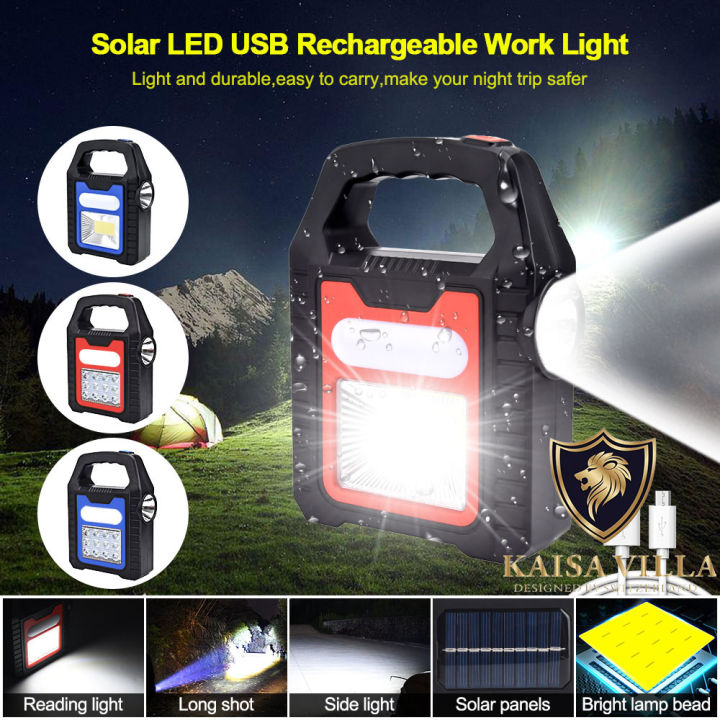 Warranty）Kaisa MALL Mini Solar LED Flashlight USB Rechargeable Lantern COB  Work Lights Portable Searchlight Durable Camping Light Power Bank