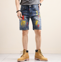 GanGdun High-quality paint ripped denim shorts mens trend ins self-cultivation all-match pants personality graffiti five-point pants summer thin section