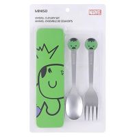 ชุดคู่ช้อนและส้อมพร้อมกล่องเหล็กสำหรับเด็กลิขสิทธิ์ของแท้ Miniso X Marvel Cutlery Set Limited Edition HULK