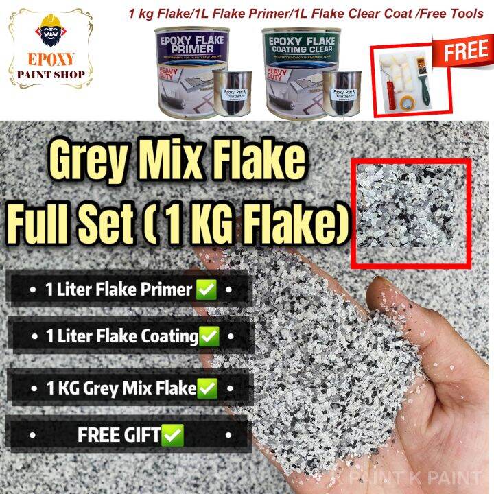 Epoxy Flake Coating Clear Full Set with Grey Mix Flake 1KG (1L Flake