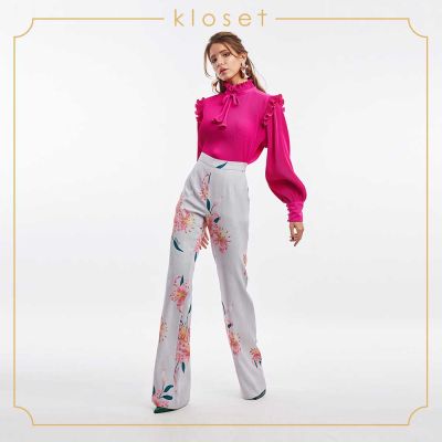 Kloset Floral Printed Burn-Out Trousers (SH19-P007) กางเกงผู้หญิง กางเกงแฟชั่น กางเกงขายาว กางเกงผ้าพิมพ์