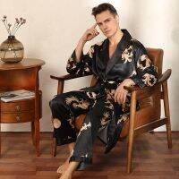 Male Satin Sleepwear Robe&amp;Pants Dargon Pajamas Set Print Men Nightwear Kimono Bathrobe Gown Faux Silk Lounge Wear Home Clothes