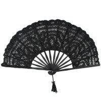 Handmade Cotton Lace Folding Hand Fan For Party Bridal Wedding Decoration (Black)