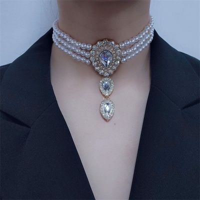 Fashion Multilayer Pearl Necklace for Women Elegant Shiny Rhinestones Exaggerated Clavicle Chain Charm Girls Trend Neck Jewelry Headbands