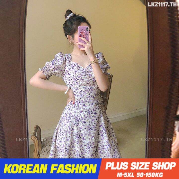 plus-size-เสื้อผ้าสาวอวบ-เดรสสาวอวบอ้วน-ไซส์ใหญ่-ผู้หญิง-ชุดเดรสลายดอกไม้-ทรงสลิมฟิต-แขนสั้น-คอเหลี่ยม-แยก-ฤดูร้อน-สไตล์เกาหลีแฟชั่น