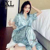 【JH】Oversize M-6XL Womens Short Sleeve Trousers Pyjamas Silk Satin Pajamas Sets Sleepwear Nightgown Suit Sleepshirts Lounge Sets