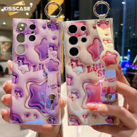 Kisscaseแท็บข้อมือ IMD สีฟ้าอ่อนพลอยเทียม3D เคสโทรศัพท์ภาพดอกไม้สามมิติสำหรับ Samsung Galaxy S23อัลตร้า S23บวก S23ความคิดสร้างสรรค์ Ins แฟชั่นสายรัดข้อมือเคสมือจับสำหรับโทรศัพท์มือถือสำหรับ S23Ultra SM ฝาครอบหลังกันกระแทก