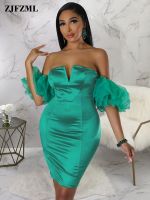 ZZOOI Gorgeous Women Elastic Satin Off Shoulder Petal Sleeve Dress Vintage Waist Shaped Backless Package Hip Evening Cocktail Dresses