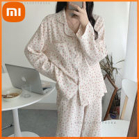 Xiaomi ชุดนอนผ้าฝ้ายสำหรับผู้หญิงเกาหลีชุดนอนเชอร์รี่พิมพ์ Pijama ฤดูใบไม้ร่วงชุดนอนเท F Emme แขนยาวเลานจ์ชุด Homewear