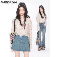 เสื้อสเวตเตอร์มีพู่สำหรับผู้หญิง MAOZHUXIA เสื้อสเวตเตอร์มีพู่จุดสีแบบหลวมใส่สบายดีไซน์เฉพาะช่วงฤดูใบไม้ผลิ