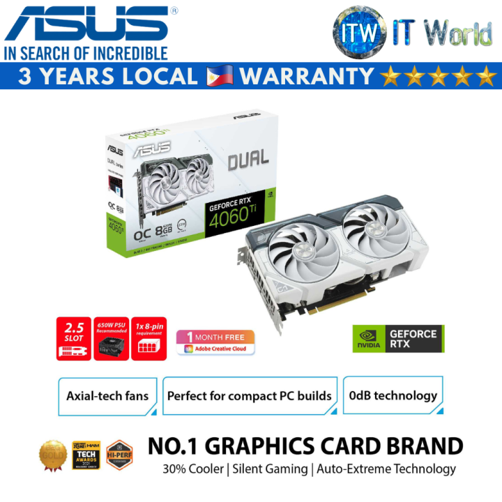 ASUS Dual GeForce RTX 4060 Ti OC Edition 8GB GDDR6 (PCIe 4.0, 8GB GDDR6,  DLSS 3, HDMI 2.1, DisplayPort 1.4a, Axial-tech fan design, 0dB technology)