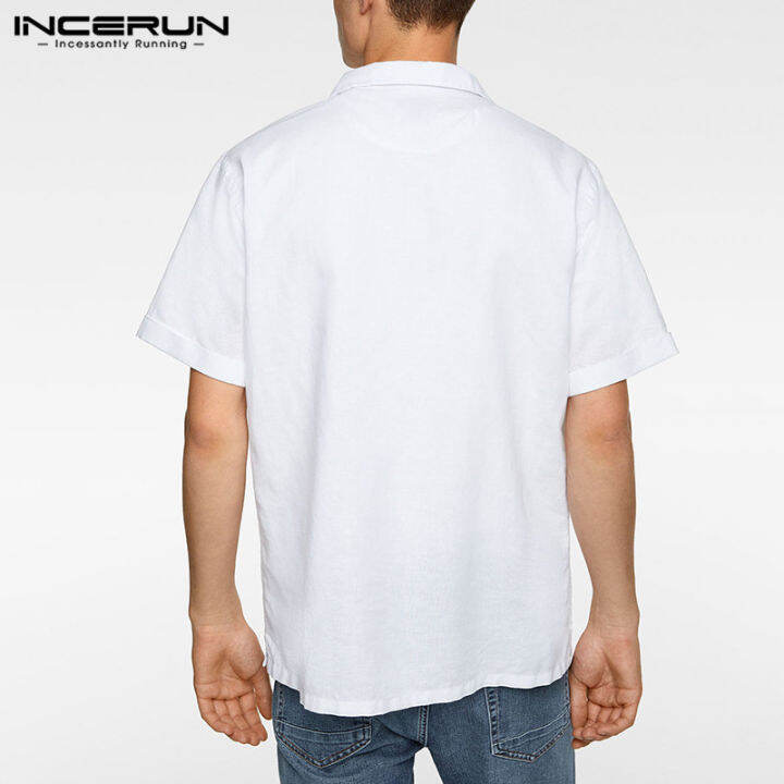 incerun-เสื้อผู้ชายแขนสั้นผ้าลินินผ้าฝ้าย-henley-เสื้อลำลองหลวมสีทึบเสื้อยืดเสื้อยืด-ลดล้างสต๊อก