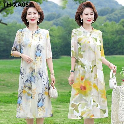 Middle-aged and elderly womens summer chiffon five-quarter-sleeved ink painting dress middle-aged fake two-piece mid-length