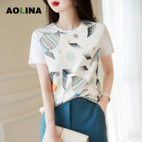 AOLINA 2023เสื้อยืดแขนสั้นสำหรับผู้หญิง,เสื้อยืดแขนสั้นเสื้อยืดคอกลมพิมพ์ลายทรงหลวมดีไซน์แบบเย็บปัก