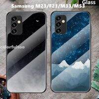 กระจกนิรภัยสำหรับ Samsung Galaxy M23 F23 M33 M53 M52 M31S 5G M 23 33 A73 A53 5G Marble โทรศัพท์กรณี Starry Sky แก้วกรอบซิลิโคนนุ่มปกคลุมฝาครอบด้านหลัง