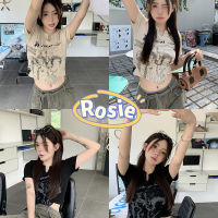 Rosie?พร้อมส่ง?เสื้อท่อนบน เสื้อยืดแขนสั้นพิมพ์ลายอเมริกันสําหรับผู้หญิง  เสื้อครอปเซ็กซี่ สไตล์อเมริกันย้อนยุค