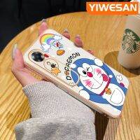 YIWESAN เคสสำหรับ OPPO A17 A17K,ดีไซน์ใหม่สี่เหลี่ยมขอบโดราเอมอนน่ารักสีรุ้งเคสมือถือเคสบางชุบลวดลายกล้องฝาปิดเลนส์กันกระแทกเคสนิ่ม