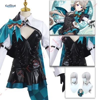 Lynette Cosplay Genshin Impact Costume Wig Fontaine Lyney Leather Uniform Dress Long Hair Ears Skirt Glove Outfit Tail Magician