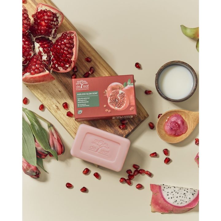 เดอ-ลีฟ-พอมีกราเนท-เอจเลส-โกลว์-โซป-100-กรัม-de-leaf-pomegranate-ageless-glow-soap-100-g