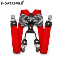 SHOWERSMILE Braces For Children Bowties Suspenders Set Unisex Kid Solid Red Boy Pants Strap 4 Clips Y Back Girls Suspenders 65cm Boys Clothing