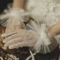 ♟❐ Bride Dress Gloves Mesh Bow Pearl Short Lace Gloves Wedding Accessory Party Prom Cosplay Performance Mittens Women Bridal Gloves