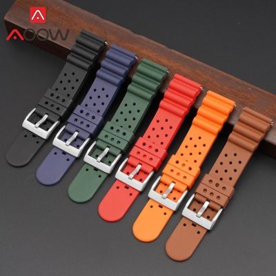 ◕ สายยาง Fluoro 20มม. 22มม. 24มม. 304 Stainless Steel Buckle Breathable Waterproof Men Replacement Band Watch Accessories