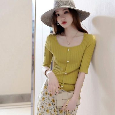 ✒ K Sweater Ice Silk Short-Sleeved Solid Color Versatile Outer We