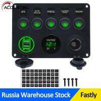 Green 4.2A 5 Gang Switch Panel For Car Marine Boat Yacht Caravan Truck Voltmeter Dual USB Socket LED 12-24V Accessories