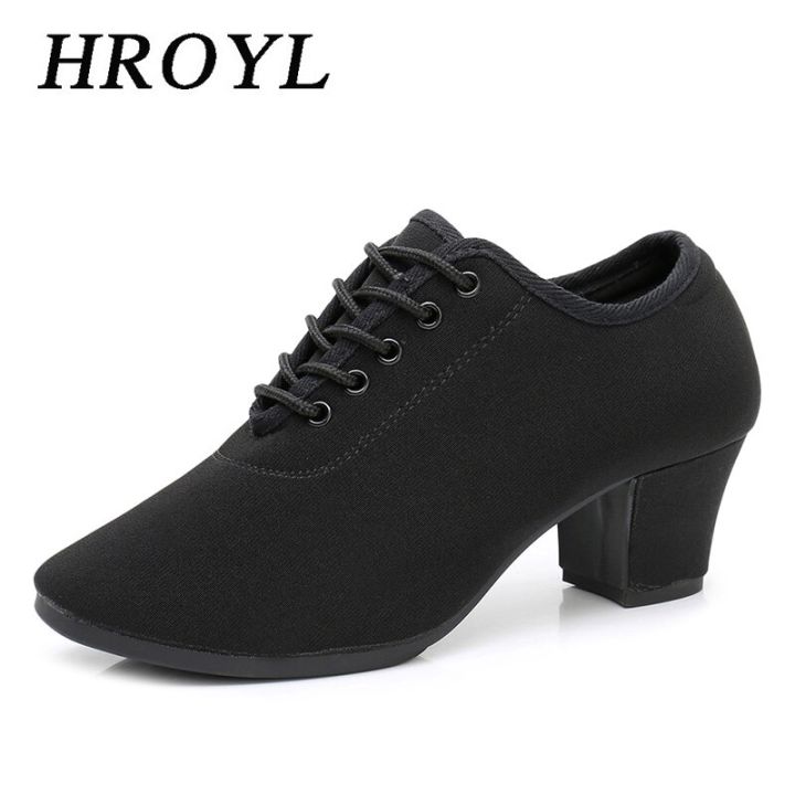 Unisex Black Cloth Latin Dance Shoes Women Ballroom Dancing Shoes Men  /5CM Lace Up Teaching Practise Shoes Split Sole HROYL 