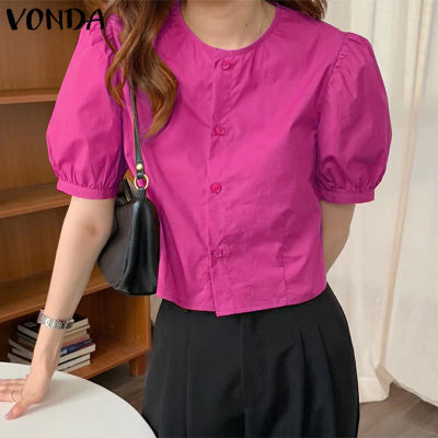 (จัดส่งฟรี)Fancystyle VONDA ผู้หญิงเดินทางอเนกประสงค์คอลูกเรือเสื้อสวมหัวแข็งพัฟแขนสั้นเสื้อวินเทจ