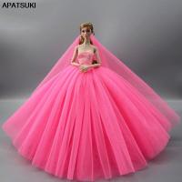 Hot Pink Doll Dress For Barbie Doll Clothes High Quality Evening Gown Outfits Wedding Dresses +Veil 1/6 Doll Accessories