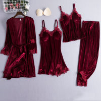 4PCS Sleepwear Sleep Set Womens Velour Nightwear Robe V-Neck Pijamas Softy Gown Sleepshirt Autumn Winter Pajamas Suit Negligee