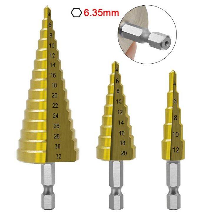 hss-step-drill-titanium-coating-4-12mm-4-22mm-4-32mm-taper-hole-cutter-1-4-hex-handle-triangle-handle-bit-for-metal-wood-drills-drivers