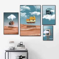 Surrealism ความคิดสร้างสรรค์ Fantasy House Window Cloud Wall Art ภาพวาดผ้าใบโปสเตอร์และพิมพ์สำหรับห้องนั่งเล่นห้องนอนตกแต่งบ้าน