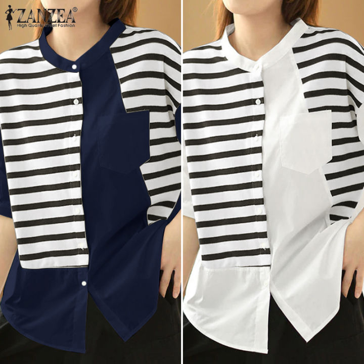 สินค้ามาใหม่-จัดส่งฟรี-fancystyle-zanzea-เสื้อเย็บลายทางสไตล์เกาหลีของผู้หญิงเสื้อพัฟแขน3-4เสื้อคอวีเสื้อหลวมลำลอง-10
