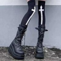 New Women Boots Fashion Platform Wedge Vulcanized Shoes Simple Metal Buckle Lace Up Casual Shank Boots Botas De Seguridad