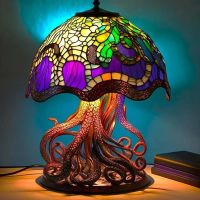 Vintage Stained Glass Mushroom Table Lamp Plant Series Snail Octopus Creative Colorful Bedroom Bedside Flower R Night Lamp