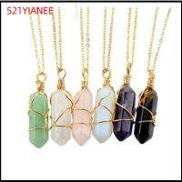 521YIANEE ของขวัญสำหรับผู้หญิง ผู้ชาย ไทเกอร์อาย ทรายสีฟ้า หินธรรมชาติ จี้หินพันลวด สร้อยคอคริสตัลทรงกระบอกหกเหลี่ยม โรสควอตซ์