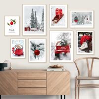 Christmas Pine Tree Truck สกี Lift Wall Art ภาพวาดผ้าใบ Nordic โปสเตอร์และพิมพ์สำหรับตกแต่งห้องนั่งเล่น